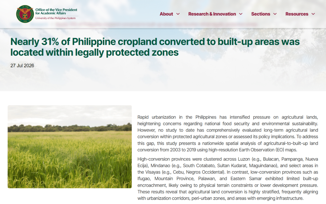 Nearly 31% of Philippine cropland converted to built-up areas was located within legally protected zones