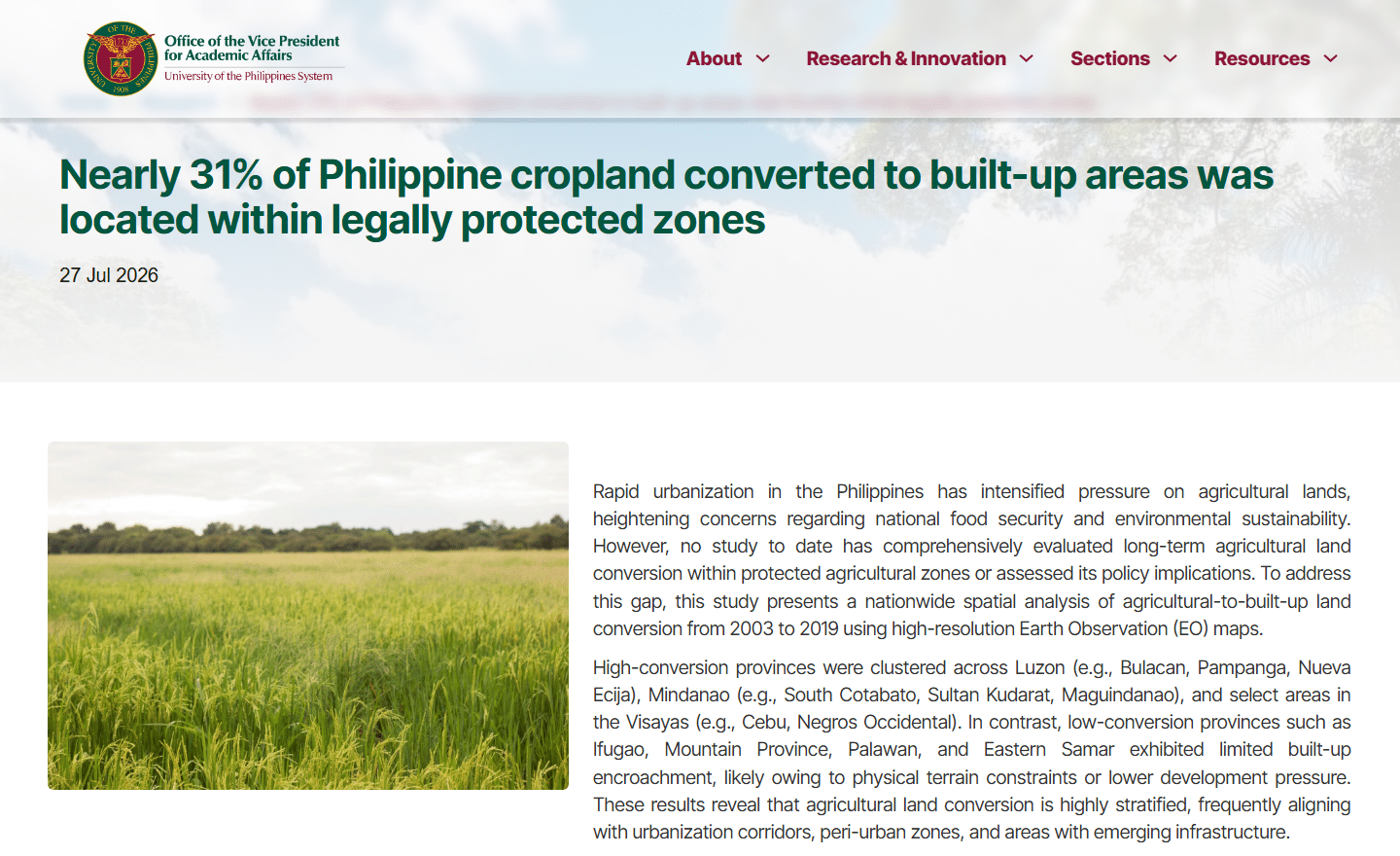 Nearly 31% of Philippine cropland converted to built-up areas was located within legally protected zones